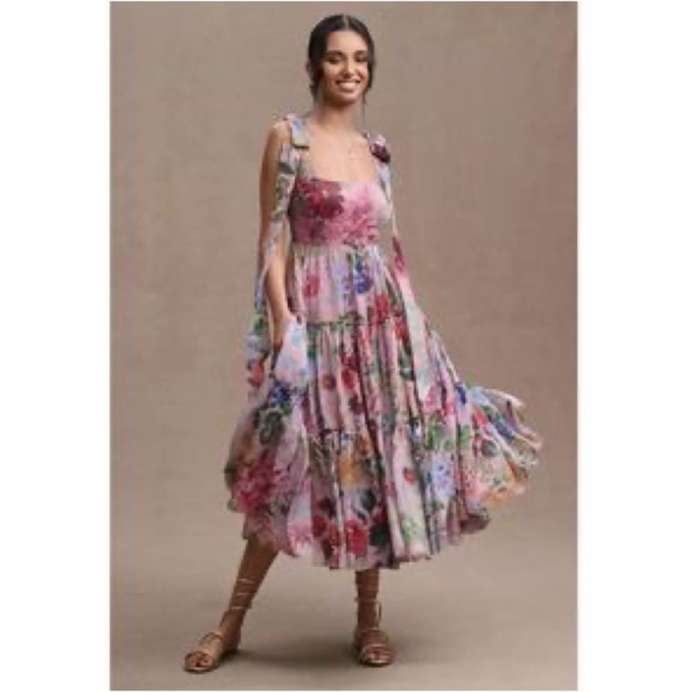 Bhldn Isabella Tiered Square-Neck A-Line MIDI Dress